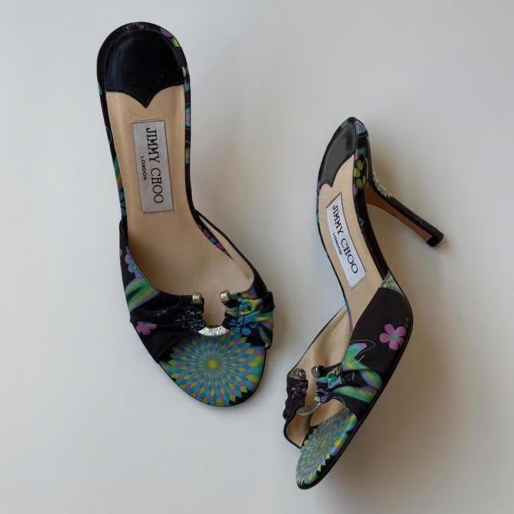 Jimmy Choo Black Multicolor Floral Geometric Peep-Toe Stilettos